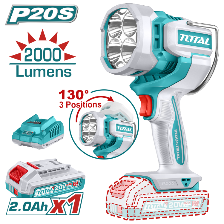 كشاف شحن 20 فولت – 3 مستويات إضاءة، 2000 لومن من توتال (TWLI20881)