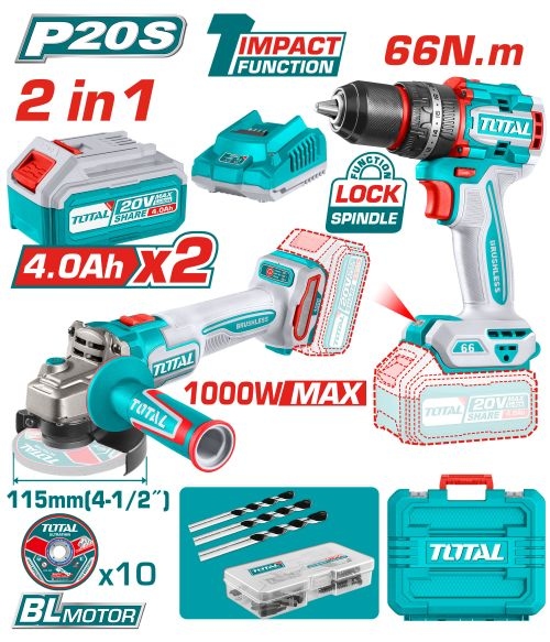 Total TCKLI20273 طقم درل + صاروخ شحن مع بطارية 2 أمبير وبطارية 4 أمبير وشاحن