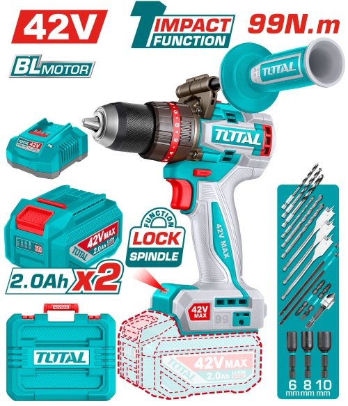 Total TIDLI429982 درل شحن 42 فولت 99 نيوتن مع 2 بطارية 2 أمبير وشاحن 