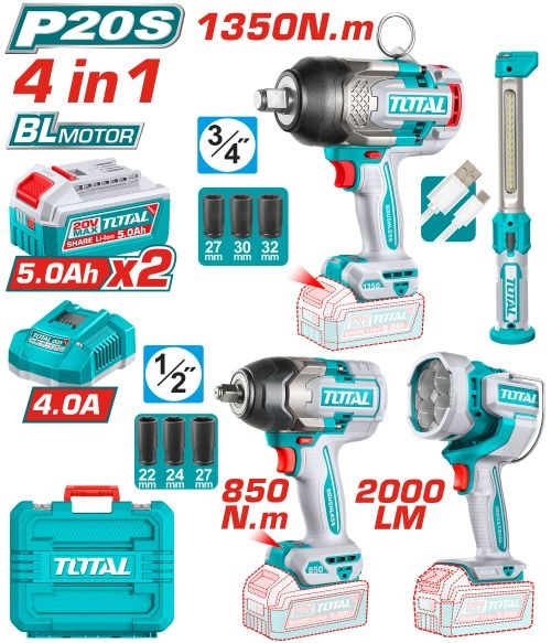 Total TOSLI250782 عرض طقم درل بوكس عدد 2 + لوكس شحن عدد 2 مع 2 بطارية 5 أمبير