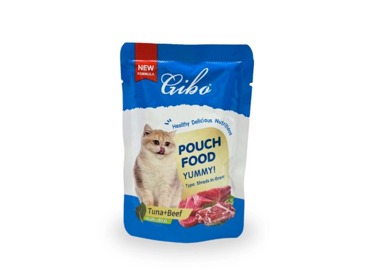 باوتشيز جيبو للقطط بنكهة تونا + لحم البقري بالمرقة 