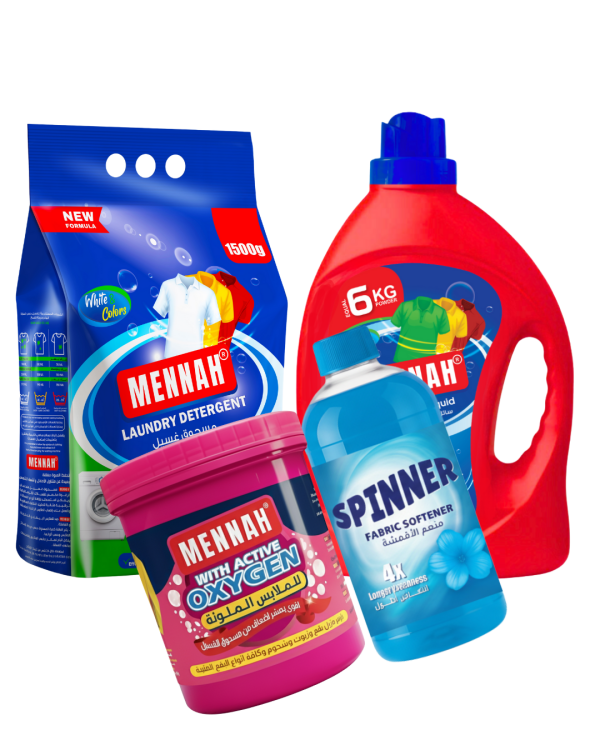 منه سائل غسيل 3 لتر مع كيس مسحوق منه 1500غ مع منه اوكسجين 500غ مع سبينر ملين 950 مل 
