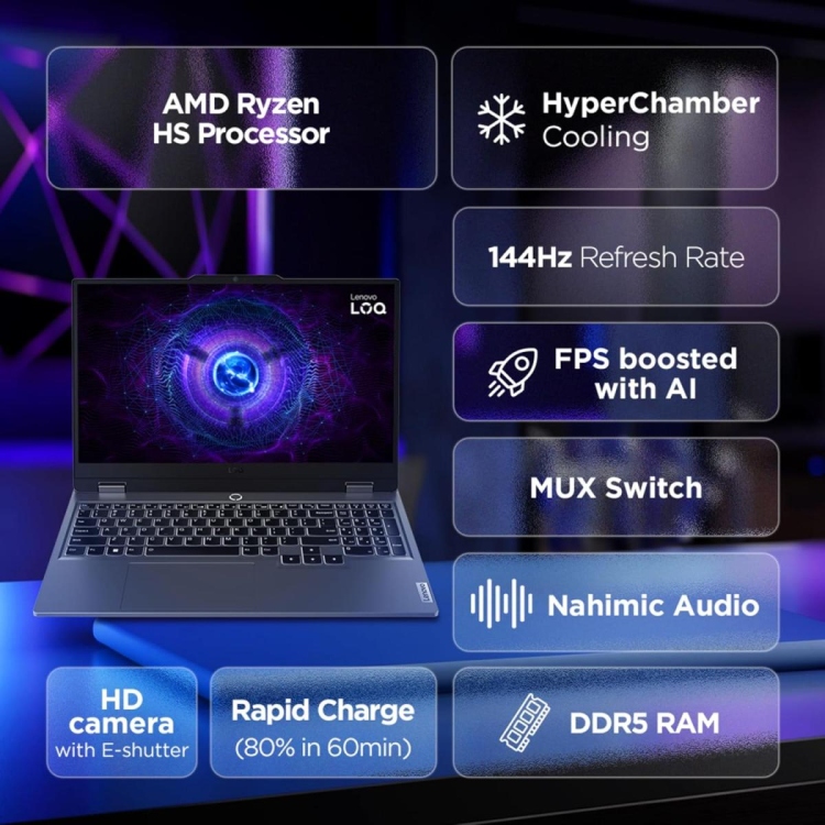 LENOVO LOQ AMD RYZEN™ 5 7235HS  UP TO 4.2GHZ 20GB RAM - 512GB SSD M.2  NVIDIA GEFORCE RTX™ 3050 6GB - 15.6" FHD 144HZ