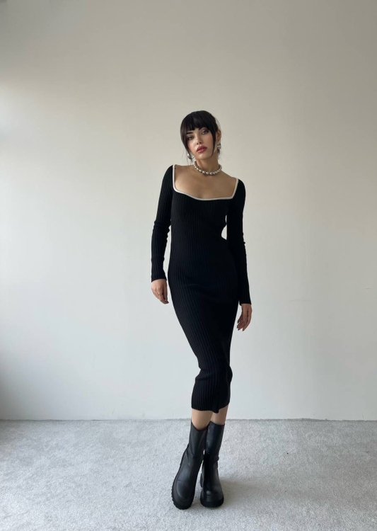 Squared-Neck Black Midi Dress