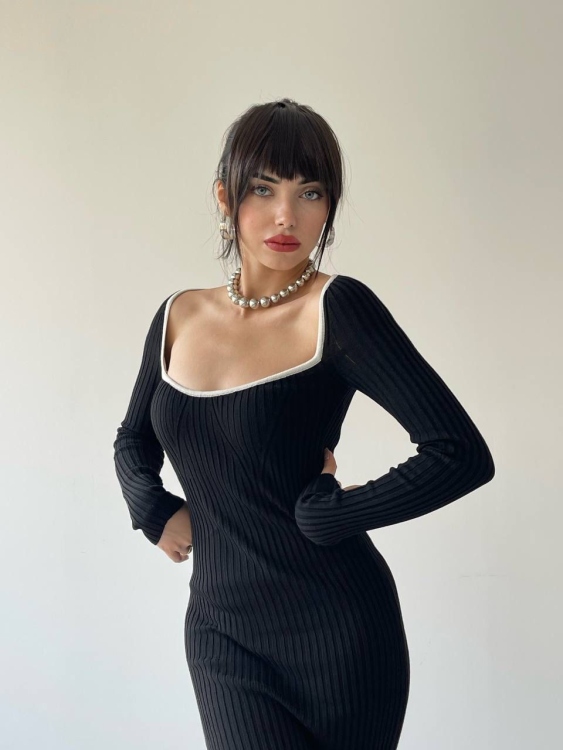 Squared-Neck Black Midi Dress