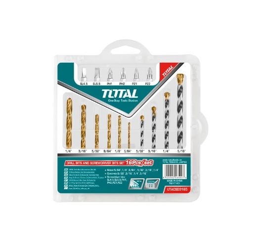TOTAL TACSD3165 16Pcs Drill BIts And Screwdriver Bits Set طقم ريش حديد + حجر + راسيات