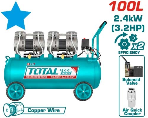 Total TCS2241008 AIR COMPRESSOR 
 كمبريسر هواء 100 لتر راسين صامت 3.2 حصان
 بدون زيت