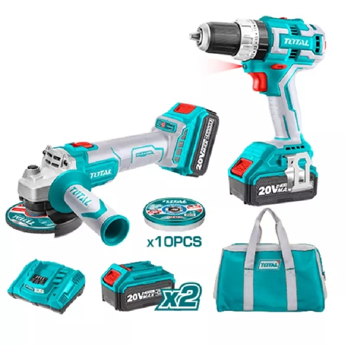Total TCKLI6015 Lithium-ion cordless 2 pcs combo kit
 طقم درل + صاروخ شحن بدون فحمات 20 فولت مع 2 بطارية 4 امبير وشاحن