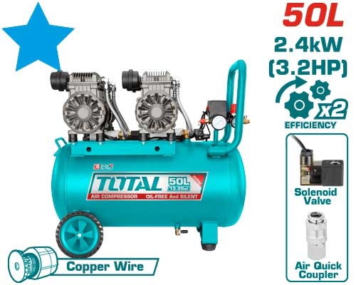 Total TCS2240508 AIR COMPRESSOR 
 كمبريسر هواء 50 لتر راسين صامت 3.2 حصان ملف نحاس
 بدون زيت