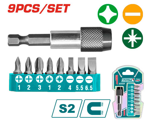 TOTAL TACSD3091 9 Pcs Screwdriver Bits Set  ادابتر كبس + راسيات 9 قطع