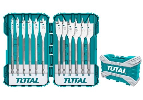 Total 12PCS flat wood drill bits set 12PCS flat wood drill bits set
Size(mm):6,8,10,12,14,16,18,20,25,28,30,32 طقم ريش فراشة
