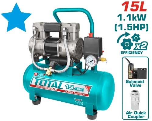 Total TCS1110152
 كمبريسر هواء 15 لتر صامت 1.5 حصان ملف المنيوم
 بدون زيت
