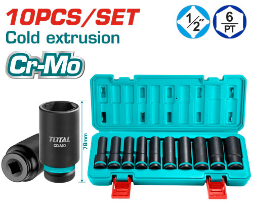 TOTAL THKISD12102L 10PCS 1/2" deep impact socket set طقم بوكس اسود طويل 10 قطع