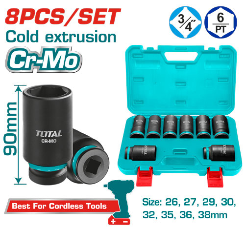 Total THKISD34082L طقم بوكس اسود طويل 3/4 انش 8 قطع 26-38 ملم