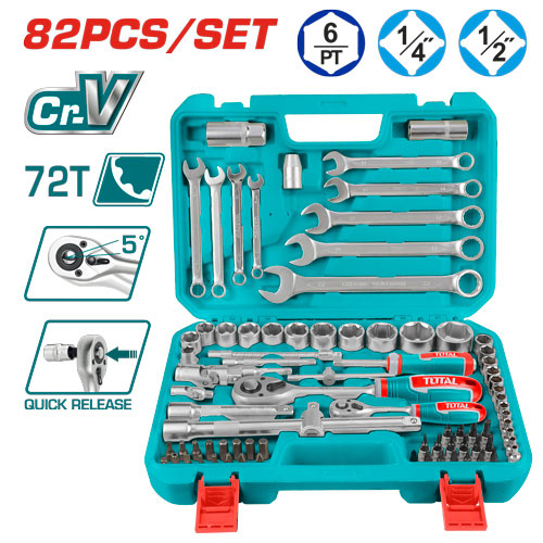 Total THT421802 طقم بوكسات مع شق رنج 1/2+1/4 انش 82 قطعة