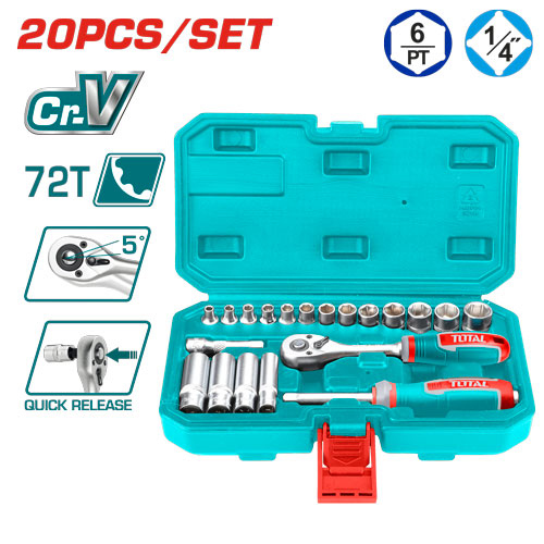 Total THT141201 20 Pcs 1/4" socket set طقم بوكس 1/4 انش طقطيقة 20 قطعة