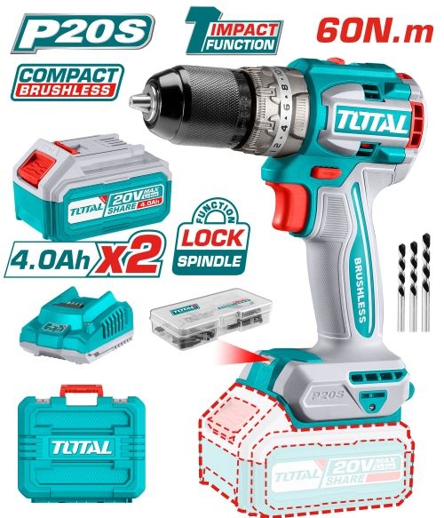 Total TIDLI206026 درل شحن 20 فولت 60 نيوتن مع 2 بطارية 4 أمبير جوزة 13 ملم حديد