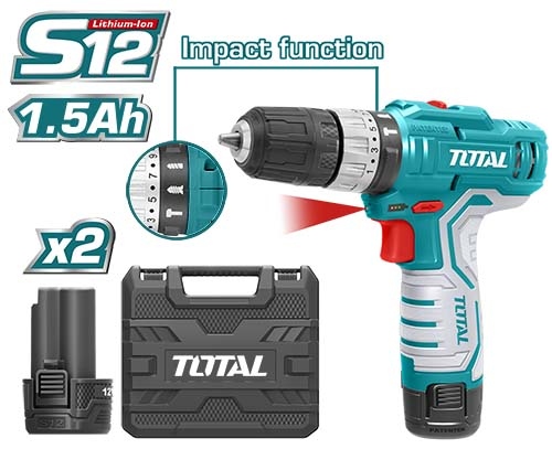 TOTAL TIDLI1232 Lithium-Ion impact drill 12V
 درل شحن مع شاكوش 2 بطارية 10 ملم مع شنطة بلاستيك