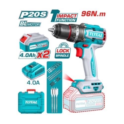 Total TIDLI20968 درل شحن 20 فولت 96 نيوتن مع 2 بطارية 4 أمبير وشاحن