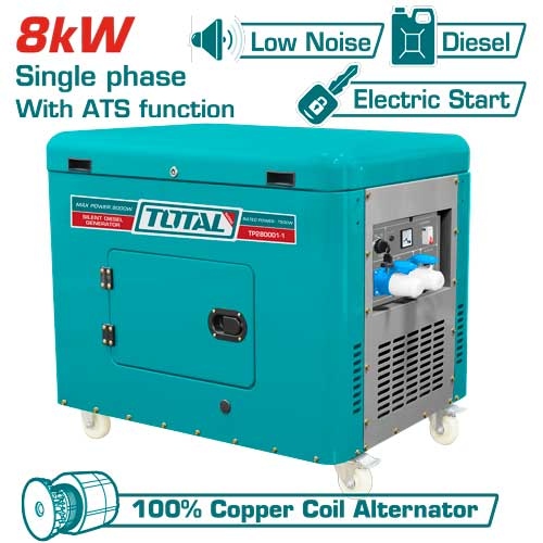 Total TP280001-1 مولد كهرباء ديزل 8 كيلو صامت 1 فاز مع لوحة ATS