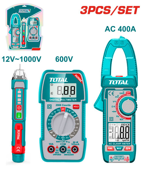 Total TOS23068 طقم فحص 3 قطع كلامب + ملتي ميتر + فاحص فولتية
