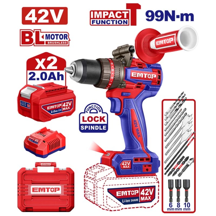 درل شحن 13 ملم شاكوش 42 V 99N مع 2 بطاريه ECIDL429982    2AH Brushless Motor  