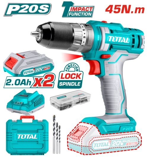 درل شحن 20 فولت مع 2 بطارية وشاحن واكسسوارات Total TIDLI201452 Lithium-ion impact drill