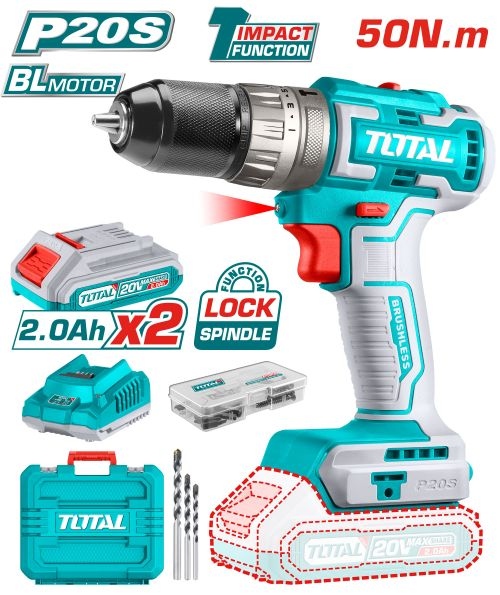 Total TIDLI20508 درل شحن 20 فولت مع شاكوش بدون فحمات + 2 بطارية وشاحن 