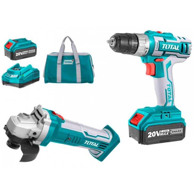 Total TCKLI2009 Lithium-Ion cordless drill +  angle grinde 20V طقم درل مع صاروخ شحن مع 2 بطارية 4 ام