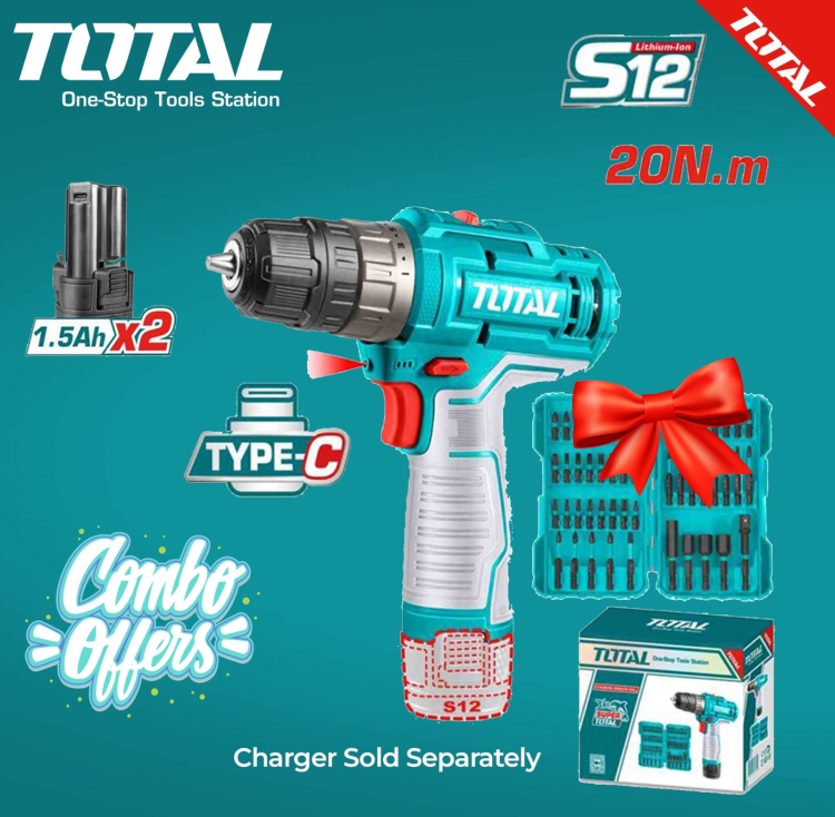 Total TOSLI24011 درل شحن 12 فولت مع 2 بطارية بدون شاكوش مع 50 قطعة اكسسوارات