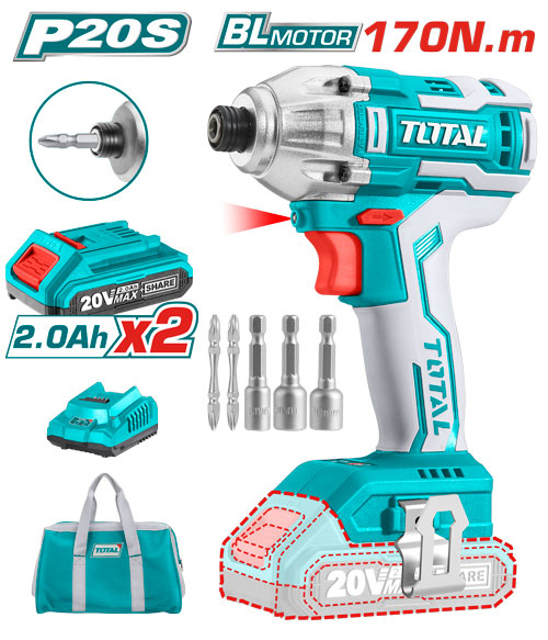 درل شحن مع 2 بطاريه TOTAL TIRLI2002 Lithium-Ion impact driver Brushless 20V