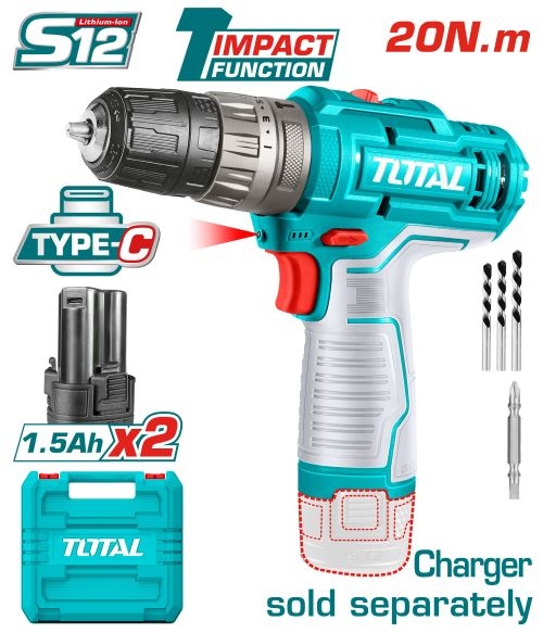 Total TIDLI12202 درل شحن 12 فولت مع 2 بطارية وشاحن 