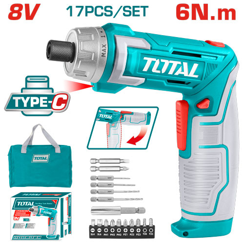 مفك شحن 8 فولت 17 قطعه مع شنطه TOTAL TSDLI0802