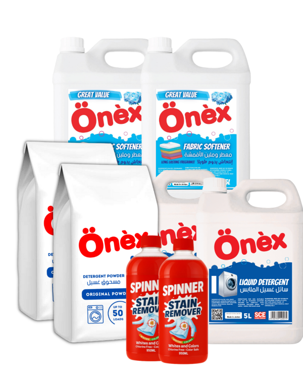 اونيكس مسحوق غسيل 5ك 2 وسائل غسيل 5لتر 2 ومعطر غسيل 5لتر 2 ومزيل بقع لتر 2 