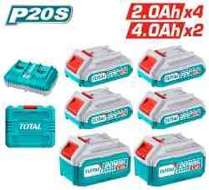 Total TOSLI230701 طقم بطاريات 20 فولت 4 بطارية 2 أمبير + 2 بطارية 4 أمبير مع شاحن مزدوج 