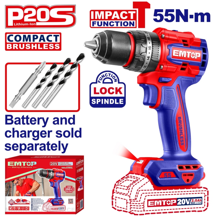 درل شحن 13 ملم شاكوش 20 V 55N بدون بطاريه ECIDL205581    Brushless Motor    